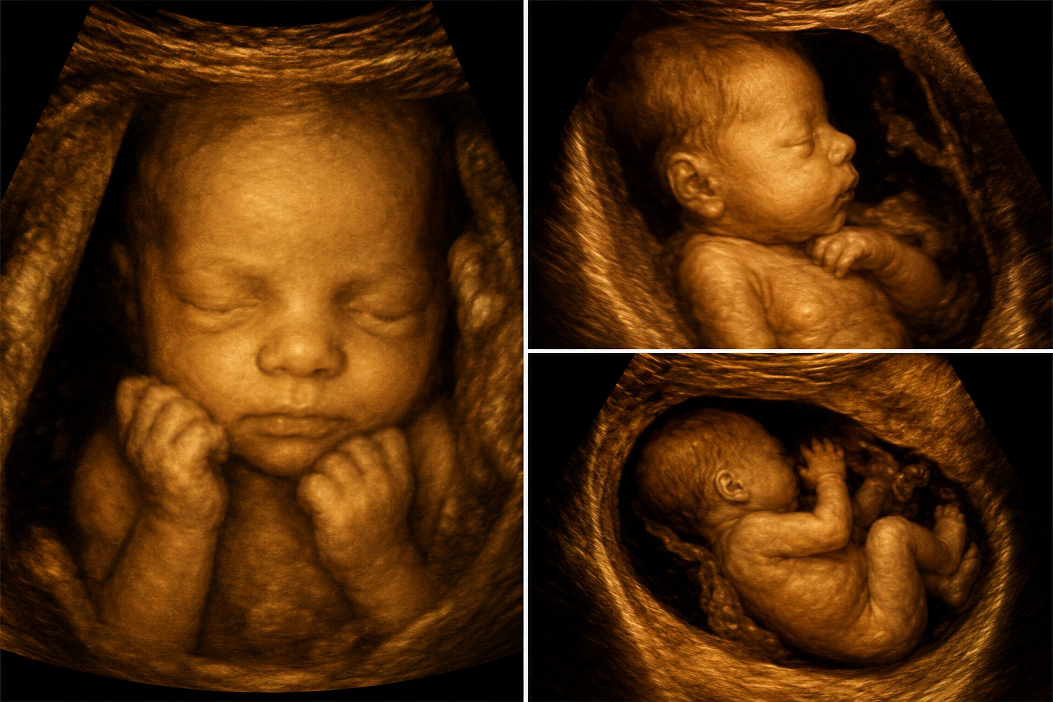 3D/4D ultrasound triptych — three views of baby